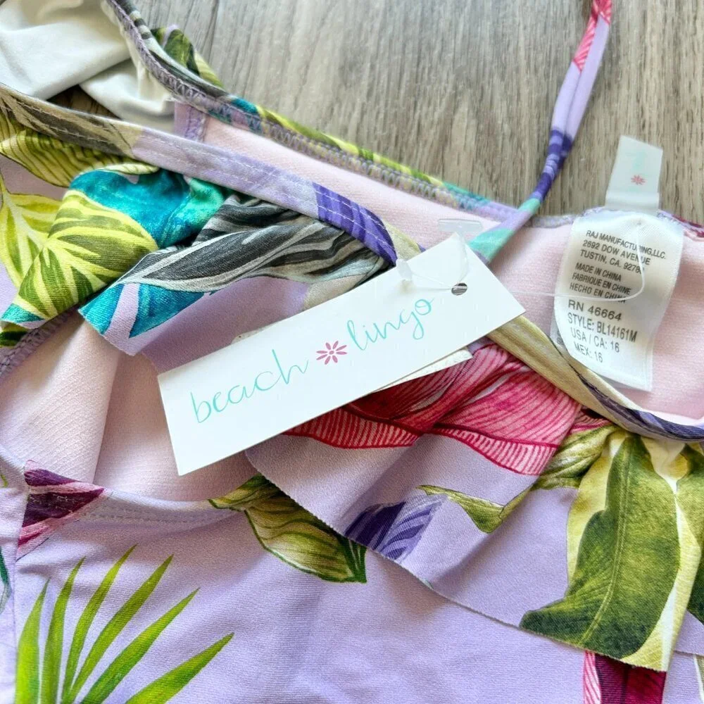 Beach Lingo Girl's Purple Palm Print Floral Off the Shoulder Bikini Top 16 NWT